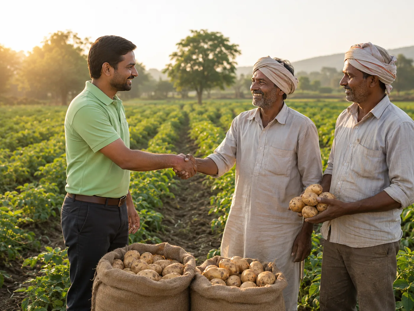 Agronomist shaking hands with partner growers over sacks of freshly harvested potatoes in the field