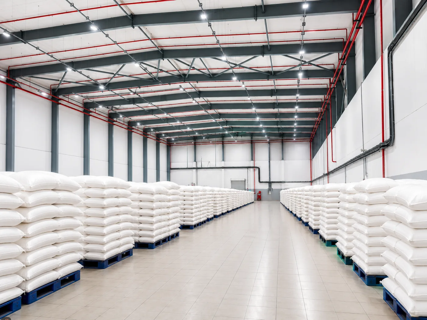 Inside the cold storage warehouse — palletised sacks under controlled temperature