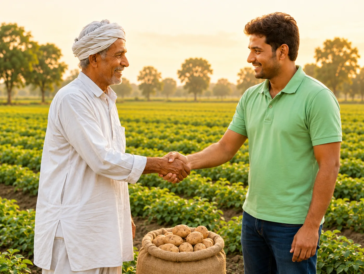 Field agronomist shaking hands with a partner farmer in the potato crop