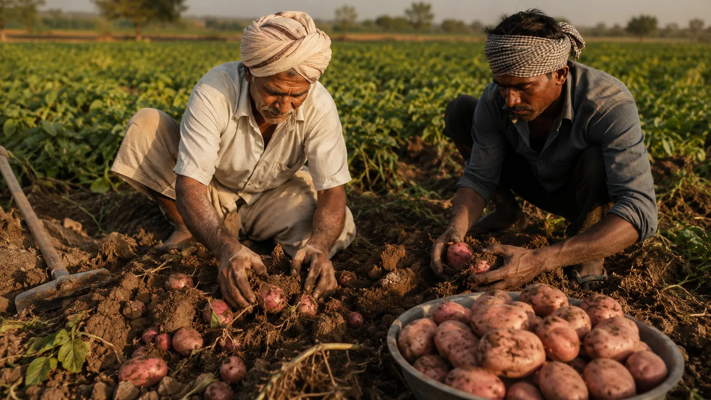Farmers lifting and grading red potatoes by hand at the farm gate
