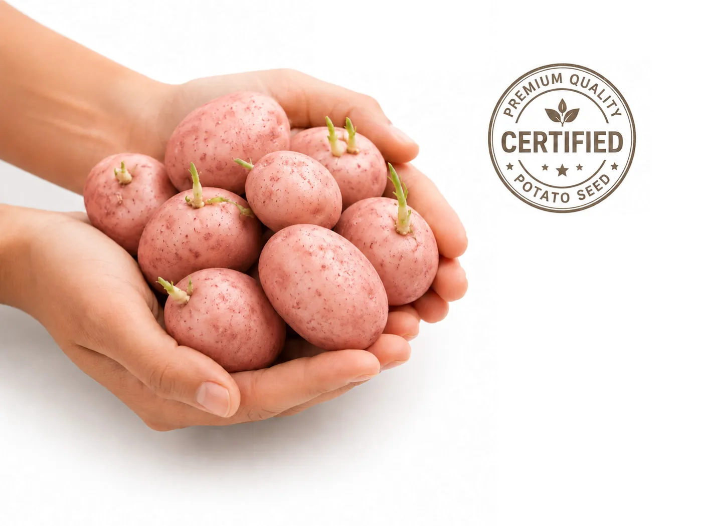 Certified seed potatoes — sprouted red seed tubers held in cupped hands