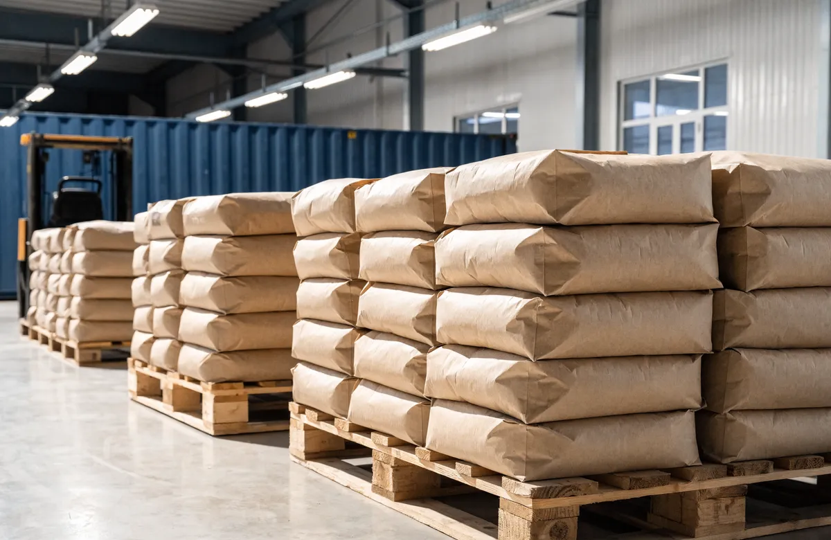 Kraft paper bags of potato flakes stacked on pallets ready for export