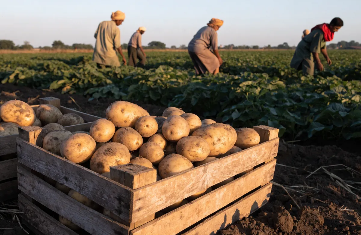 Freshly harvested processing potatoes in crates at the farm