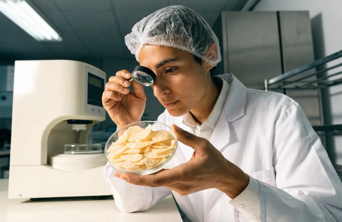 Food technologist inspecting potato flakes in a quality control laboratory