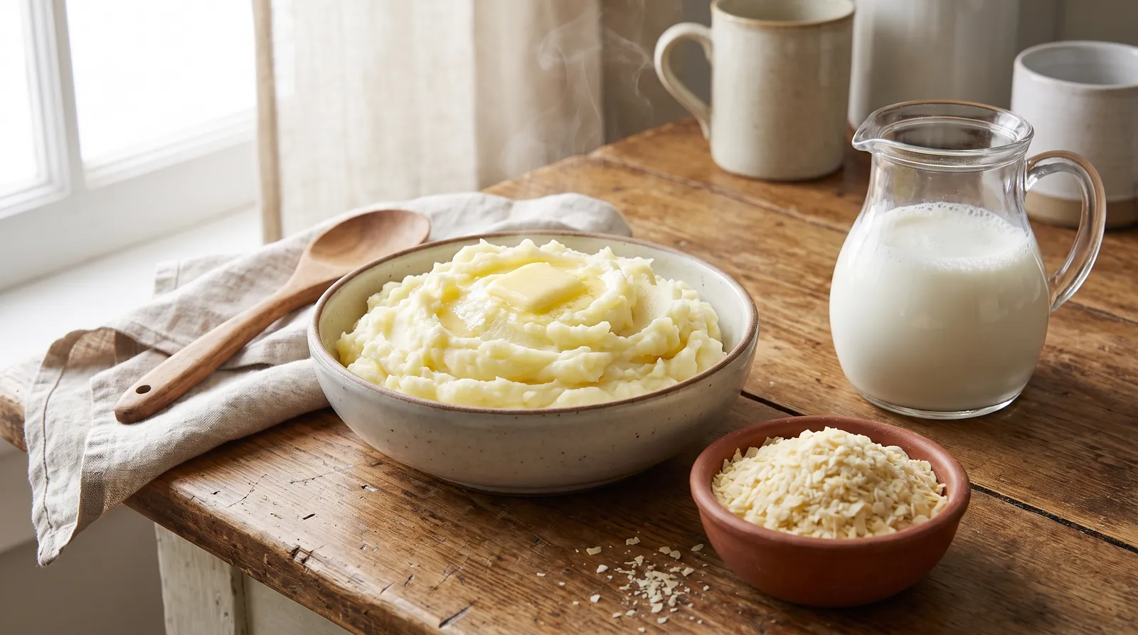 Bowl of fluffy mashed potato beside dry potato flakes and hot milk