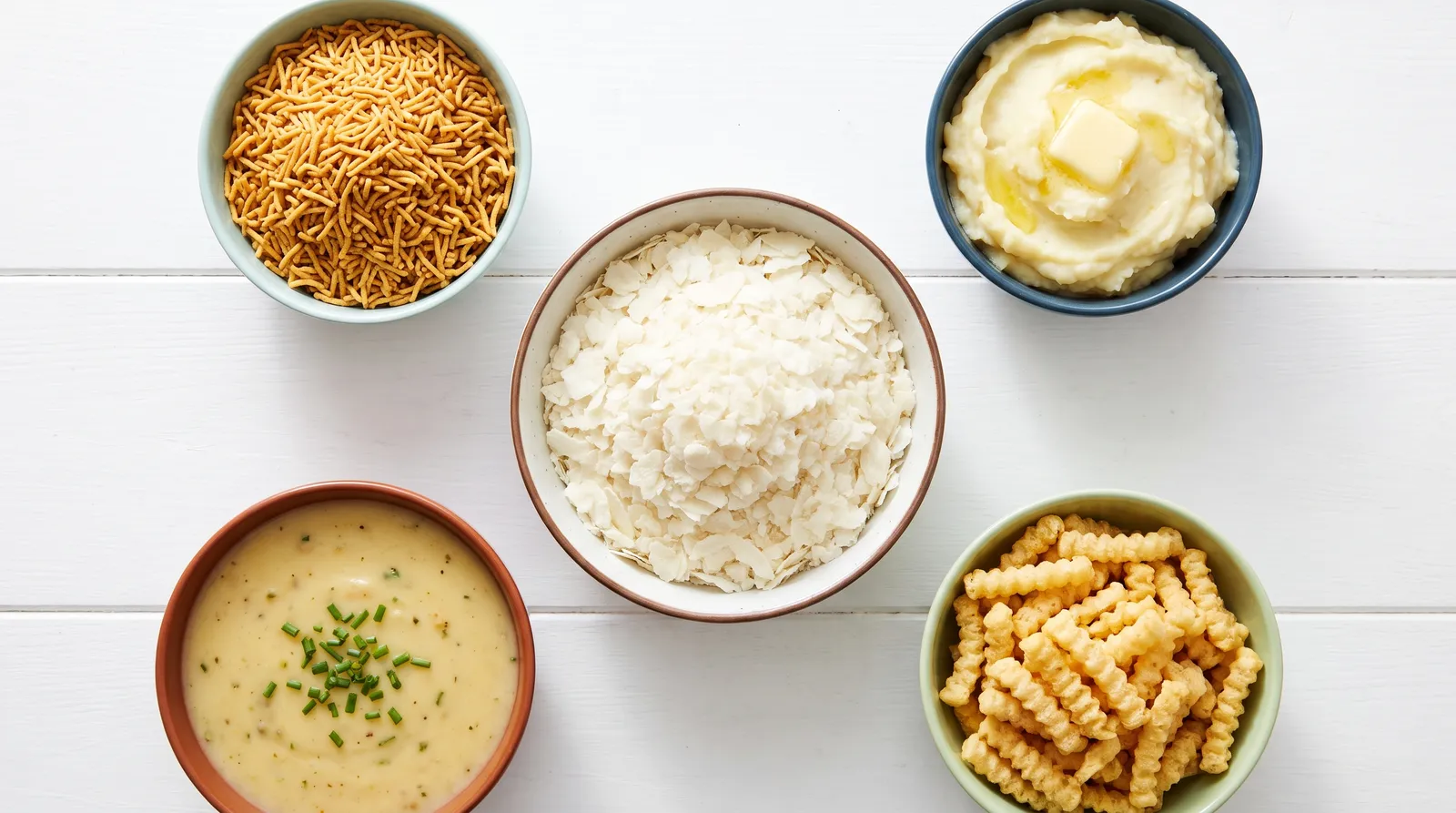 Extruded snacks, aloo bhujia and mashed potato arranged around a bowl of potato flakes
