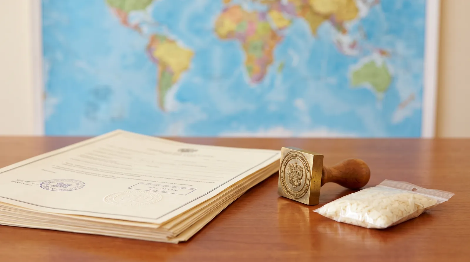 Export documents and a sample bag of potato flakes on a trade desk