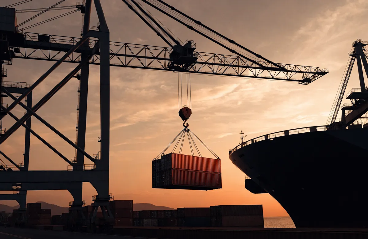 Shipping containers being loaded at an Indian sea port at dusk