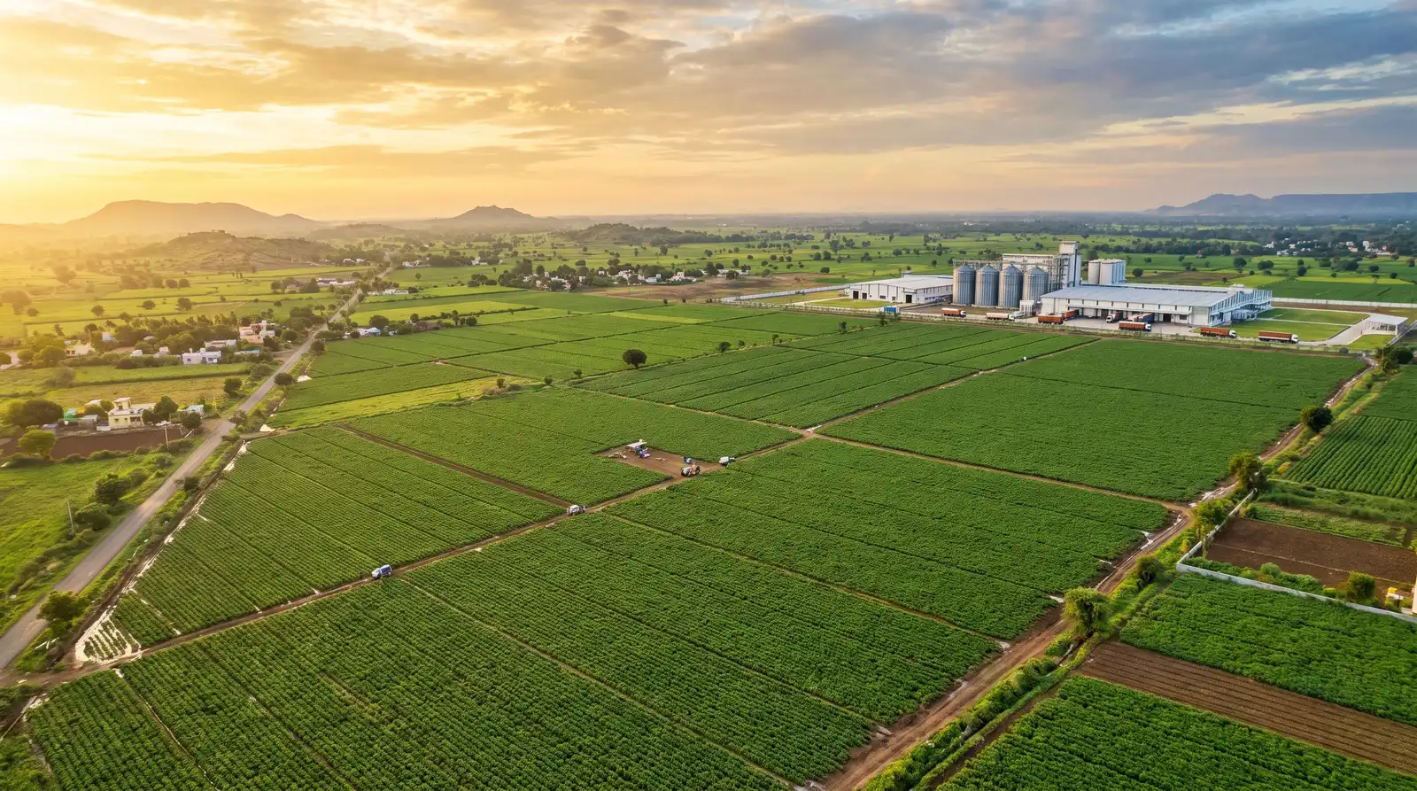 Aerial view of a green potato farm in India with a processing plant in the distance