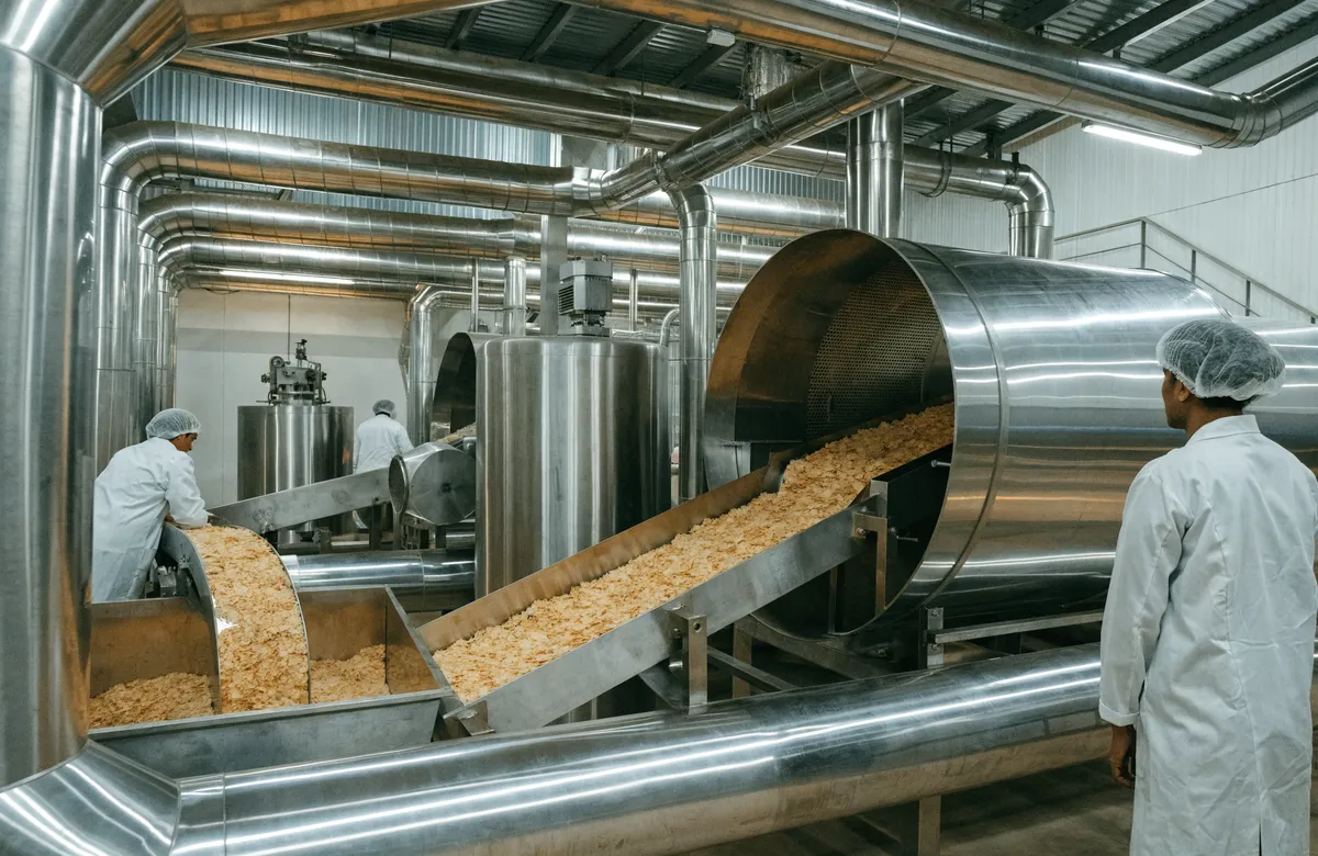 Drum-drying line producing potato flakes inside a modern Indian processing facility