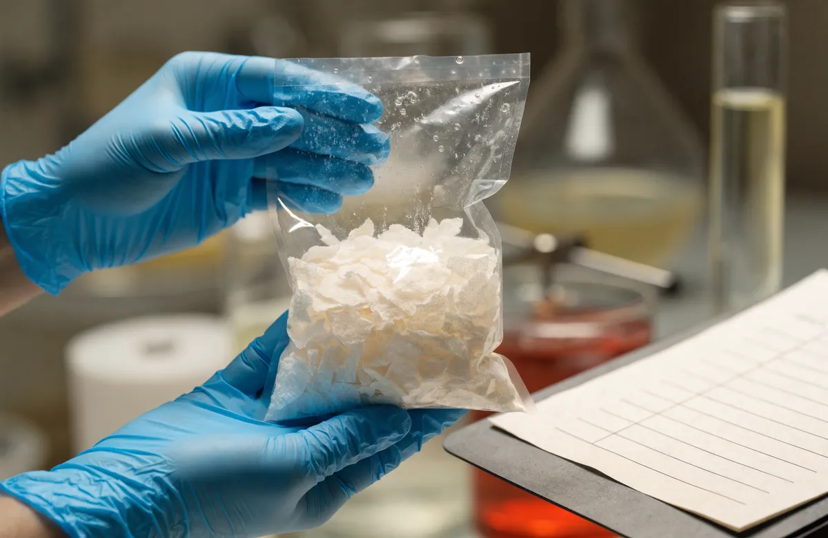 Quality inspector holding a sample bag of potato flakes with an inspection checklist