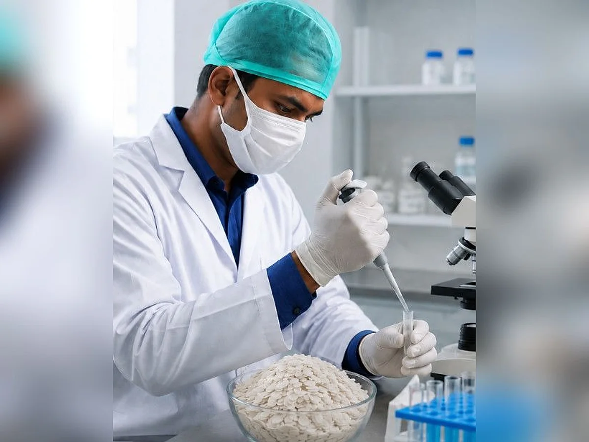 Food scientist examining potato flakes in the quality lab