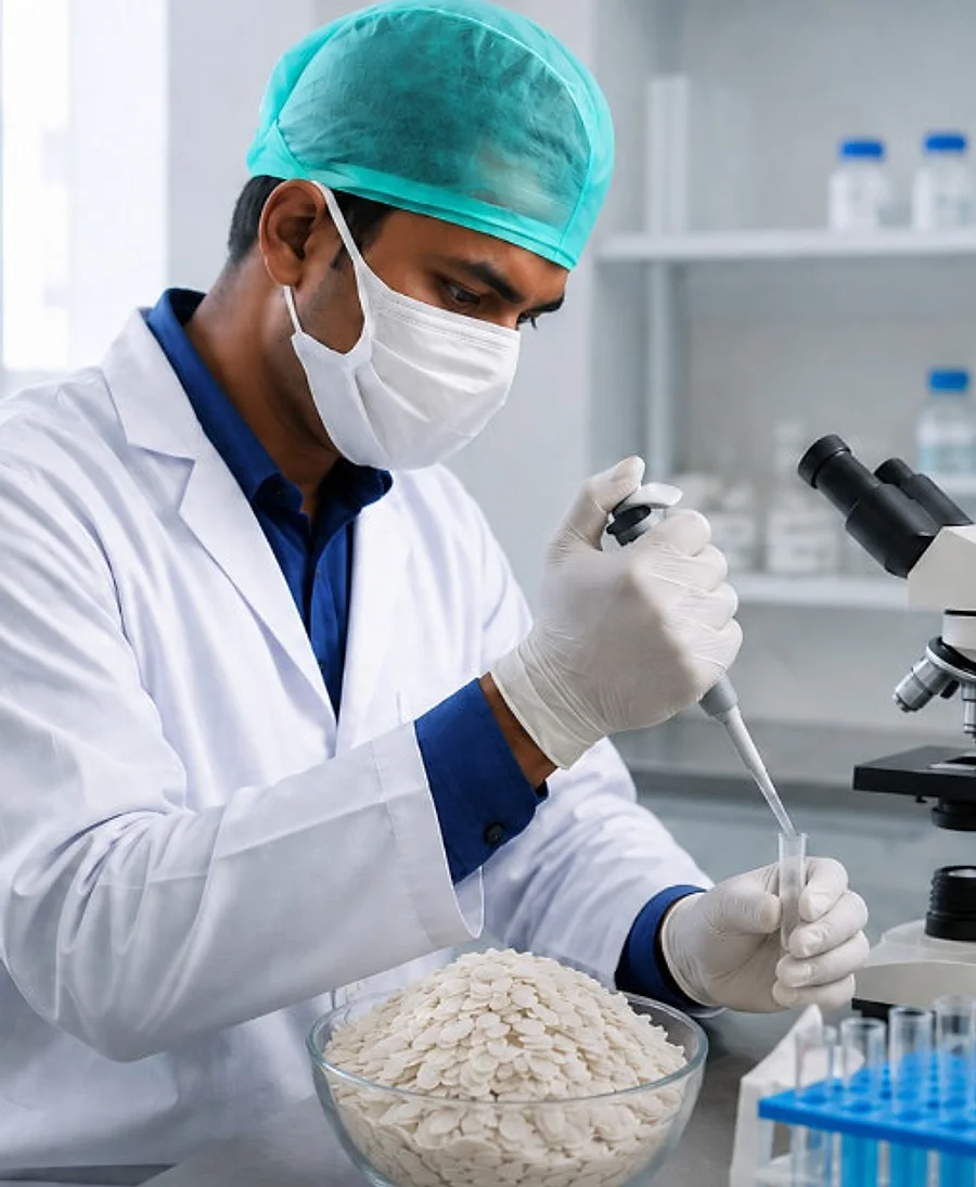 Food scientist testing potato flakes with a pipette in the quality lab