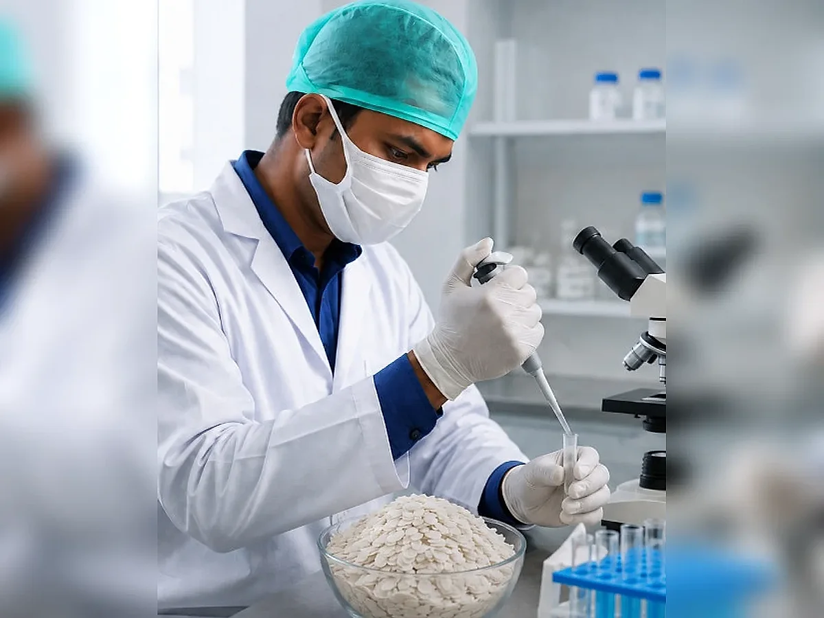 Lab technician pipetting a flakes sample beside the microscope